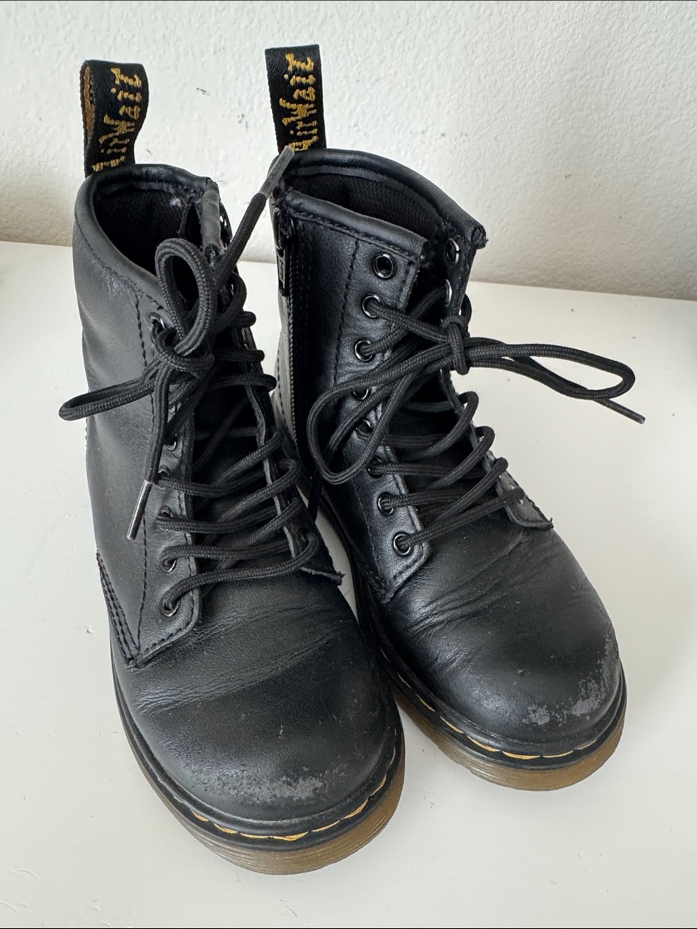 Dr. Martens Black Leather Lace-Up Ankle Boots with Yellow Pull Tabs